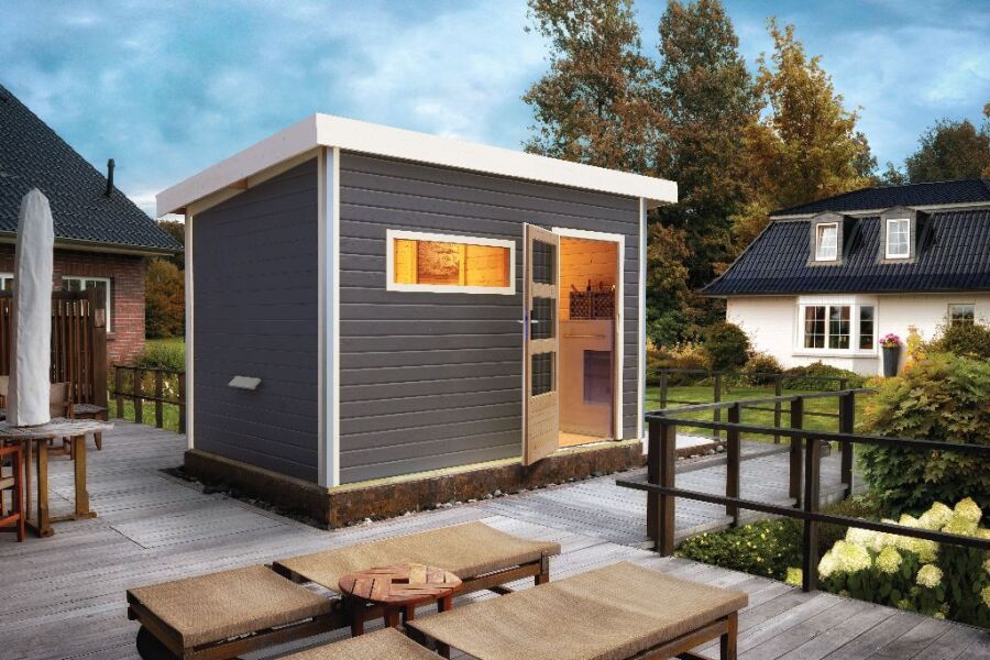 38 mm Saunahaus SKROLLAN 2  / Ofen 9 KW externe Strg esay / terragrau