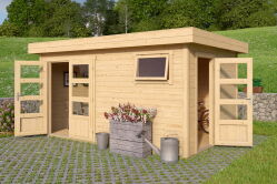 Gartenhaus SAMUEL40 Flachdach 420x280 cm + 400 cm Schleppdach (L), 40mm Doppelnut, 2 Räume, inkl. Boden
