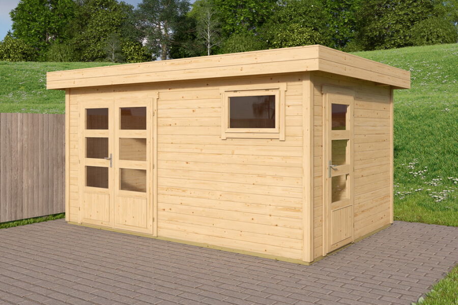 Gartenhaus SAMUEL 28 Flachdach 420x280 cm + 200 cm Schleppdach (L), 28mm, 2 Räume, ohne Boden