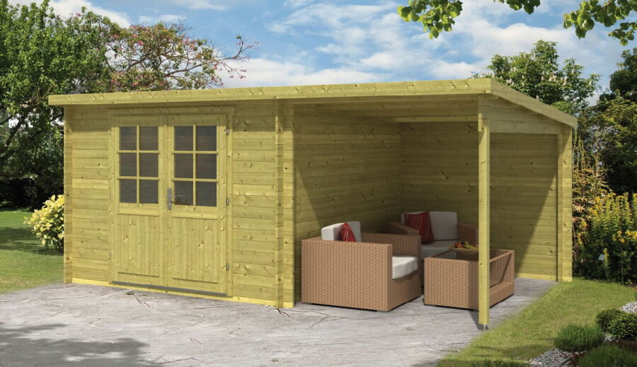 Tuindeco Gartenhaus Blockhütte DORA + Schleppdach IMPRÄGNIERT 500 x 300 / 28mm