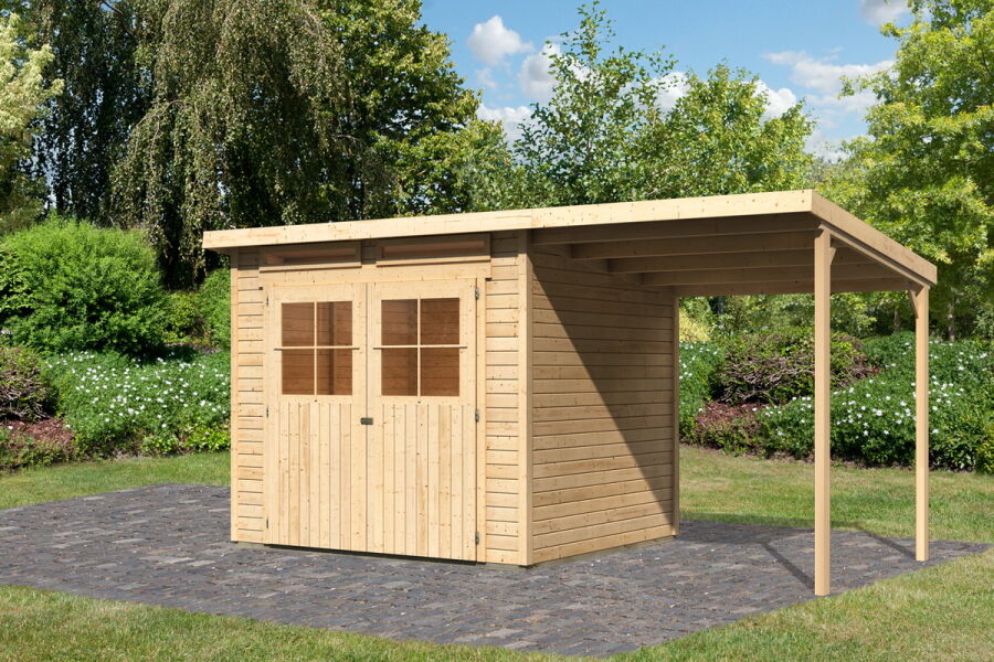 Karibu Gartenhaus GLÜCKSBURG 4 im Set mit Anbaudach naturbelassen  19mm Wandstärke