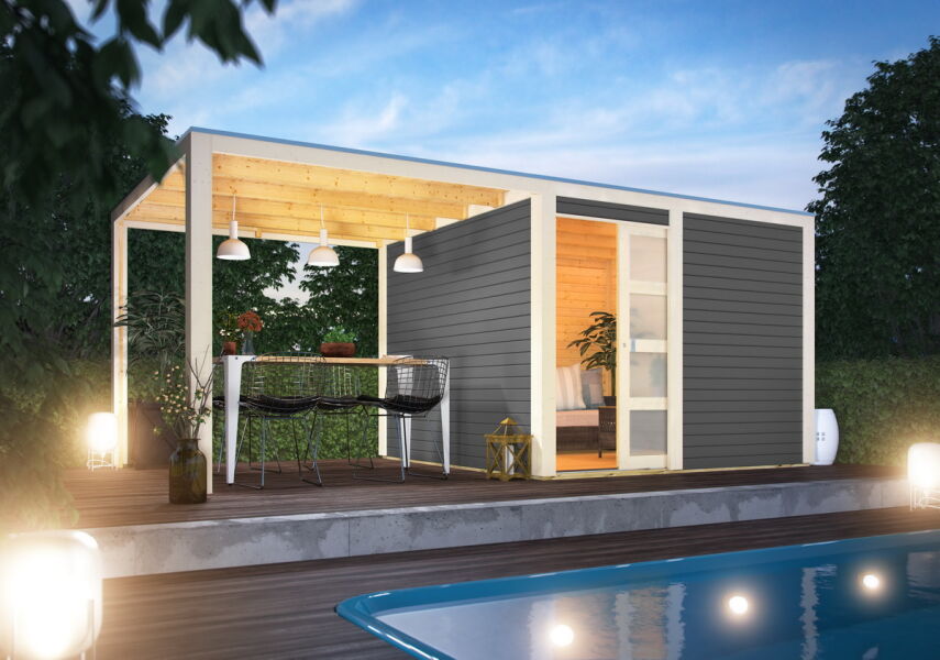 Karibu Gartenhaus QUBIC 2 im Set mit Anbaudach  terragrau 19mm Wandstärke