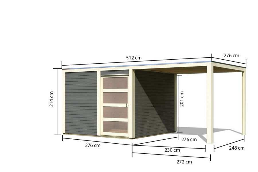 Karibu Gartenhaus QUBIC 2 im Set mit Anbaudach  terragrau 19mm Wandstärke
