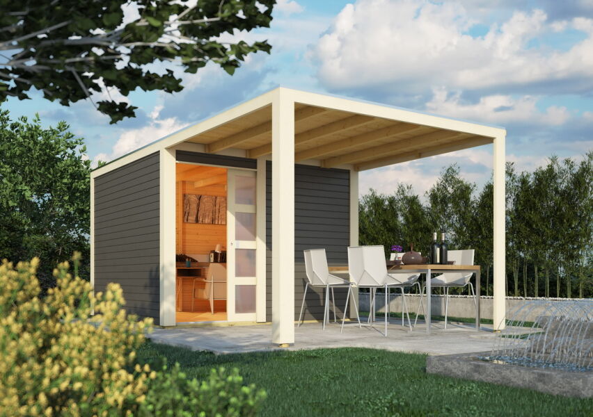 Karibu Gartenhaus QUBIC 2 im Set mit Anbaudach  terragrau 19mm Wandstärke