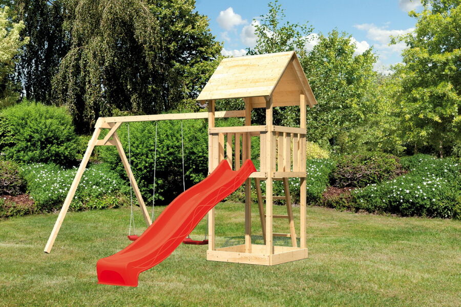 Karibu Spielturm LOTTI Spielturm naturbelassen inkl. Sandkiste Doppelschaukel und Rutsche rot