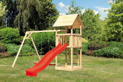 Karibu Spielturm LOTTI Spielturm naturbelassen inkl. Sandkiste Doppelschaukel und Rutsche rot