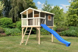 Karibu Spielturm Stelzenhaus BENJAMIN terragrau inkl. Rutsche blau