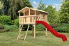 Karibu Spielturm Stelzenhaus BENJAMIN naturbelassen inkl. Rutsche rot und Netzrampe
