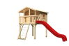 Karibu Spielturm Stelzenhaus BENJAMIN naturbelassen inkl. Rutsche rot und Netzrampe