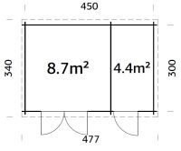 Gartenhaus ELLA 13,1 m²; 470x320 cm, 28mm Bohlen, naturbelassen