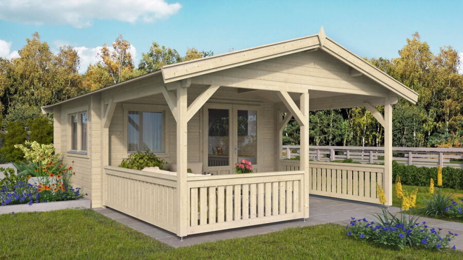 Gartenhaus JUIST 4x4 m + 3 m Terrasse / 50mm / beidseitig farblich behandelt