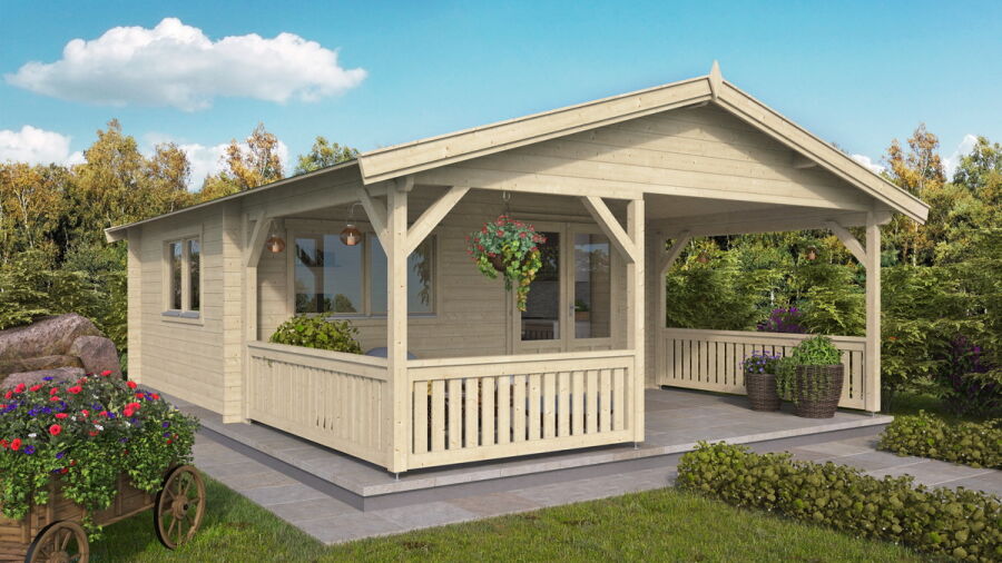 Gartenhaus JUIST 5x5 m + 3 m Terrasse / 50mm / einseitig farblich behandelt