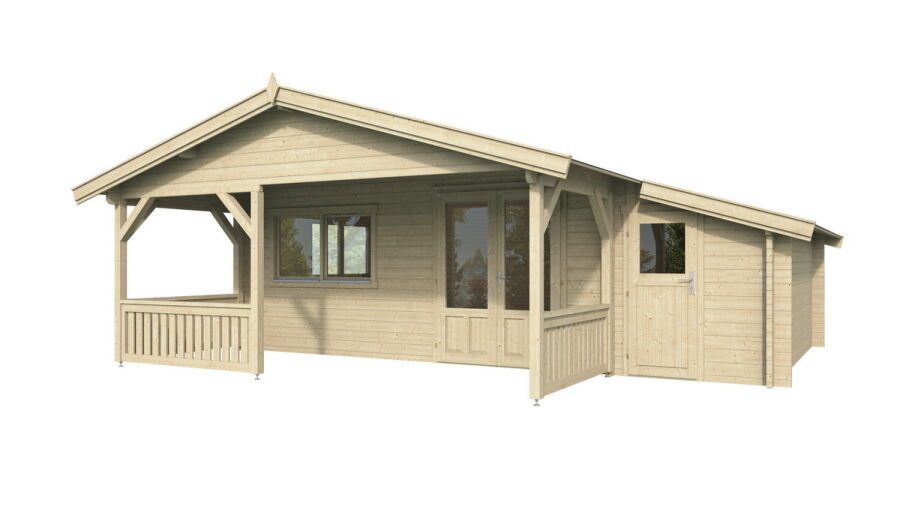 Gartenhaus SPIEKEROOG 5x5 m + 2 m Terrasse und seitlicher Anbau / 50mm
