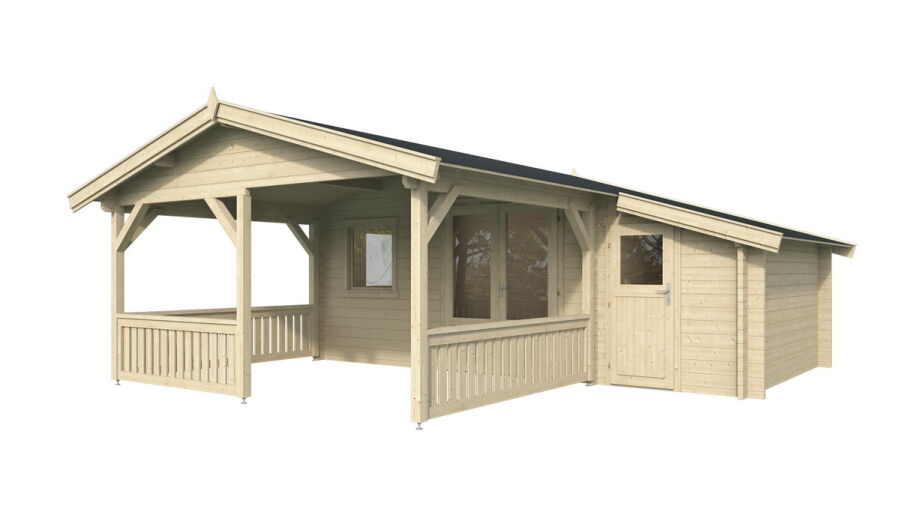 Gartenhaus SPIEKEROOG 4x4 m + 3 m Terrasse und seitlicher Anbau / 50mm