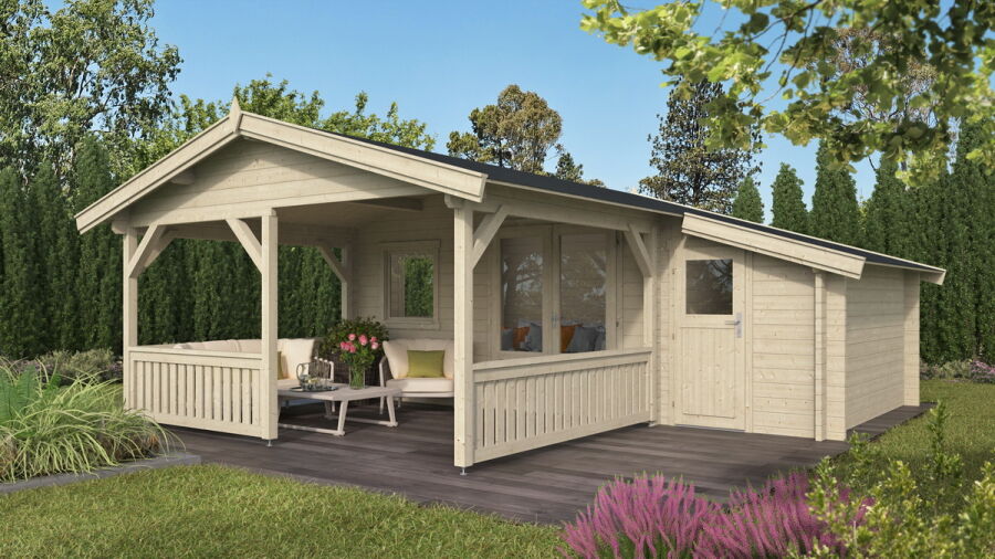 Gartenhaus SPIEKEROOG 4x5 m + 3 m Terrasse und seitlicher Anbau / 50mm / einseitig farblich behandelt