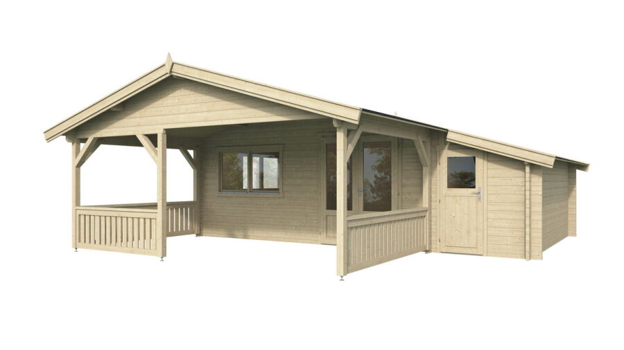 Gartenhaus SPIEKEROOG 5x4 m + 3 m Terrasse und seitlicher Anbau / 50mm