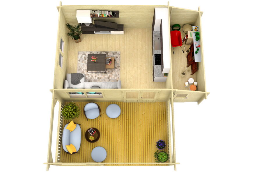 Gartenhaus SPIEKEROOG 5x4 m + 3 m Terrasse und seitlicher Anbau / 50mm