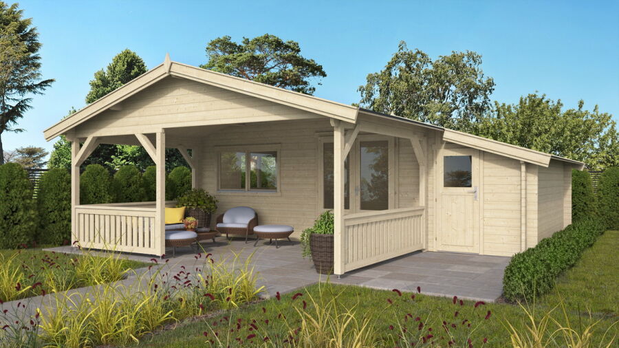 Gartenhaus SPIEKEROOG 5x4 m + 3 m Terrasse und seitlicher Anbau / 50mm / beidseitig farblich behandelt