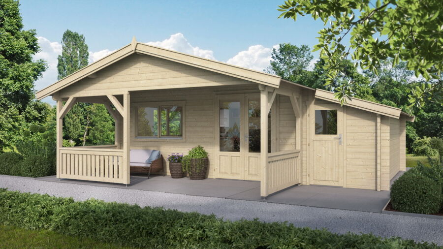 Gartenhaus SPIEKEROOG 5x5 m + 3 m Terrasse und seitlicher Anbau / 50mm / naturbelassen