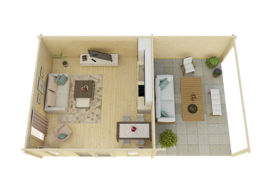 Gartenhaus Carmen 5x5 m + 4 m Schleppdach / 70mm