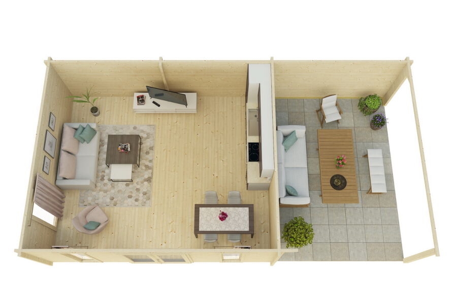 Gartenhaus Carmen 6x5 m + 4 m Schleppdach / 70mm