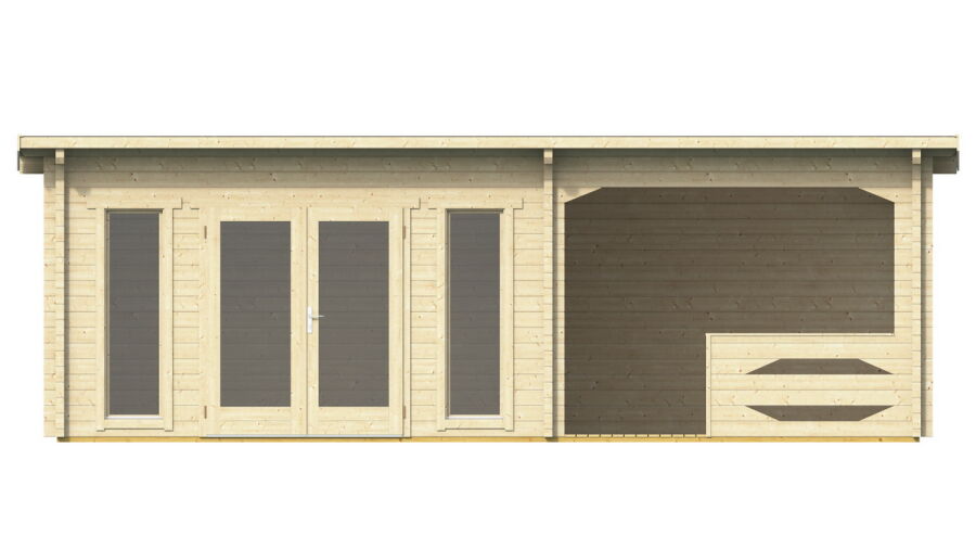 Gartenhaus Carina 4x5 m + 3 m Schleppdach mit Geländer / 70mm