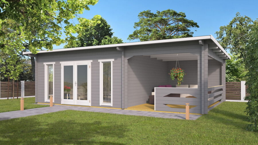 Gartenhaus Carina 5x4 m + 3 m Schleppdach mit Geländer / 45mm