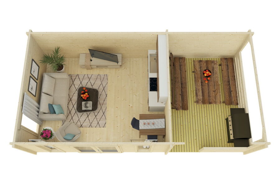 Gartenhaus Carina 5x4 m + 3 m Schleppdach mit Geländer / 70mm