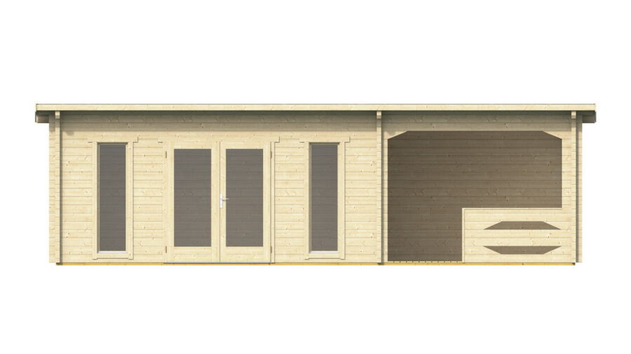 Gartenhaus Carina 5x4 m + 3 m Schleppdach mit Geländer / 70mm