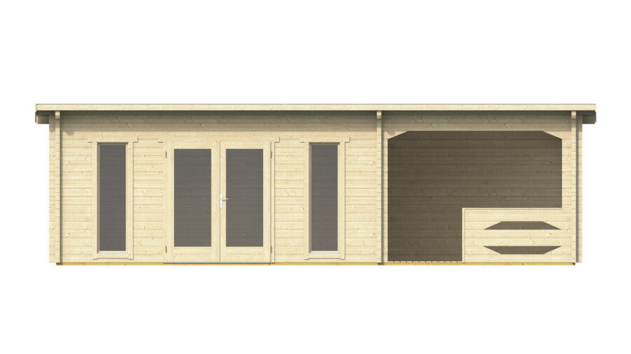 Gartenhaus Carina 5x5 m + 3 m Schleppdach mit Geländer / 45mm