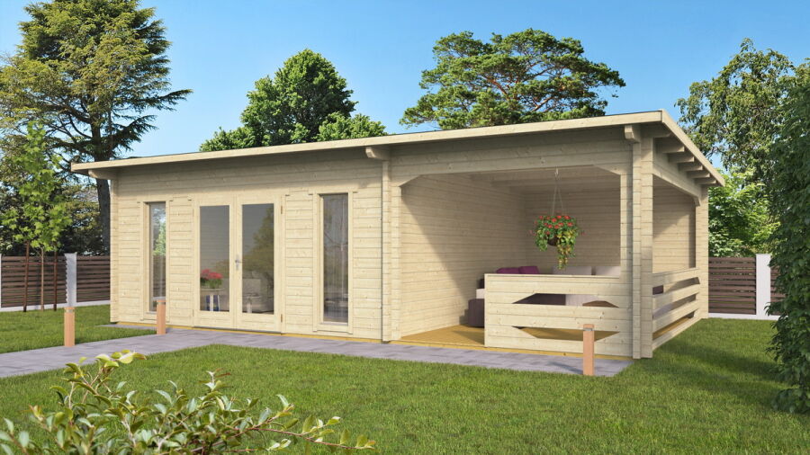 Gartenhaus Carina 5x5 m + 3 m Schleppdach mit Geländer / 70mm