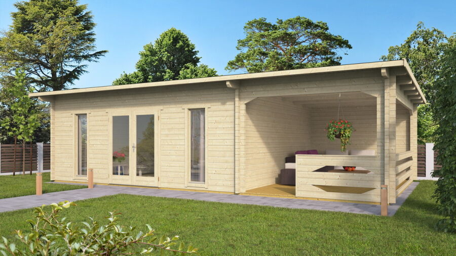 Gartenhaus Carina 6x5 m + 3 m Schleppdach mit Geländer / 45mm