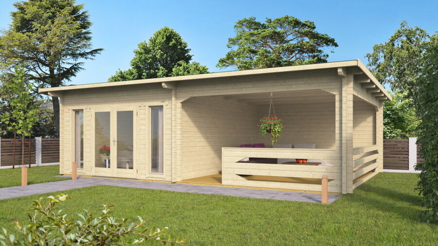 Gartenhaus Carina 4x5 m + 4 m Schleppdach mit Geländer / 45mm