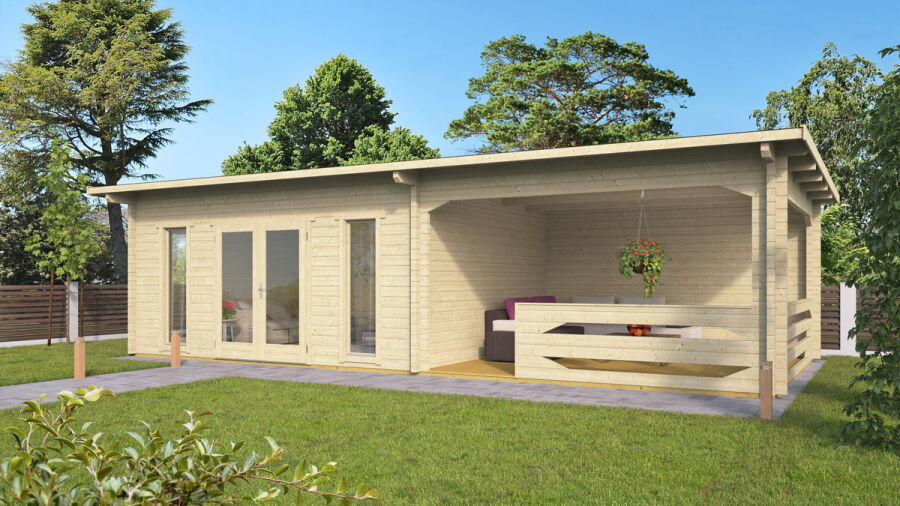 Gartenhaus Carina 5x4 m + 4 m Schleppdach mit Geländer / 45mm