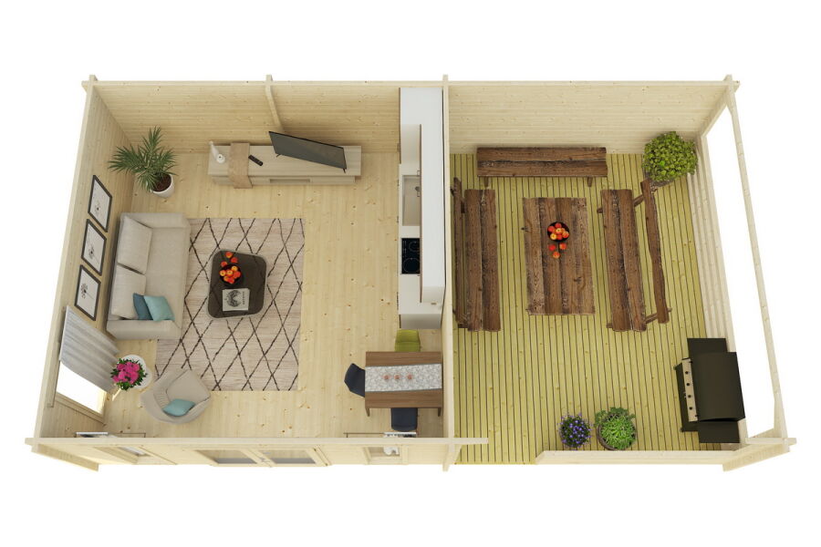 Gartenhaus Carina 5x5 m + 4 m Schleppdach mit Geländer / 45mm