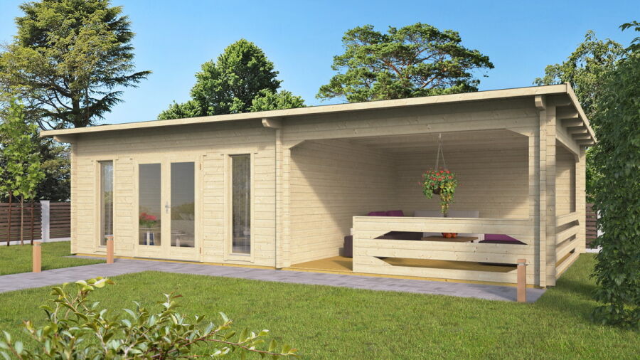Gartenhaus Carina 5x5 m + 4 m Schleppdach mit Geländer / 70mm
