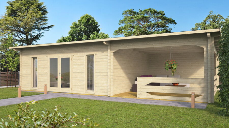 Gartenhaus Carina 6x5 m + 4 m Schleppdach mit Geländer / 45mm