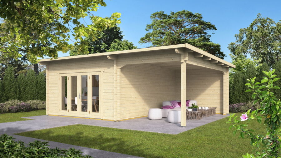 Gartenhaus Claudia 4x5 m + 3 m Schleppdach / 45mm