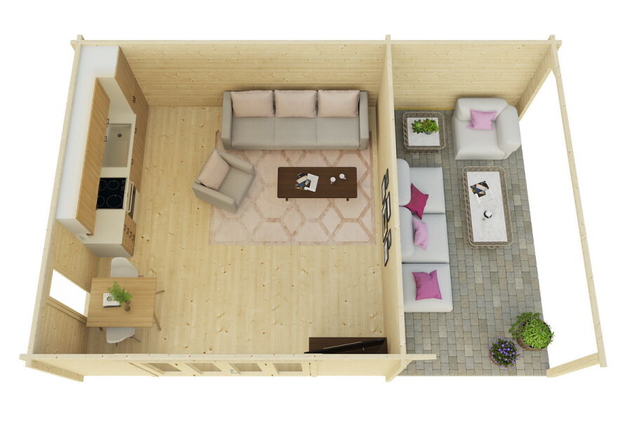 Gartenhaus Claudia 5x5 m + 3 m Schleppdach / 70mm