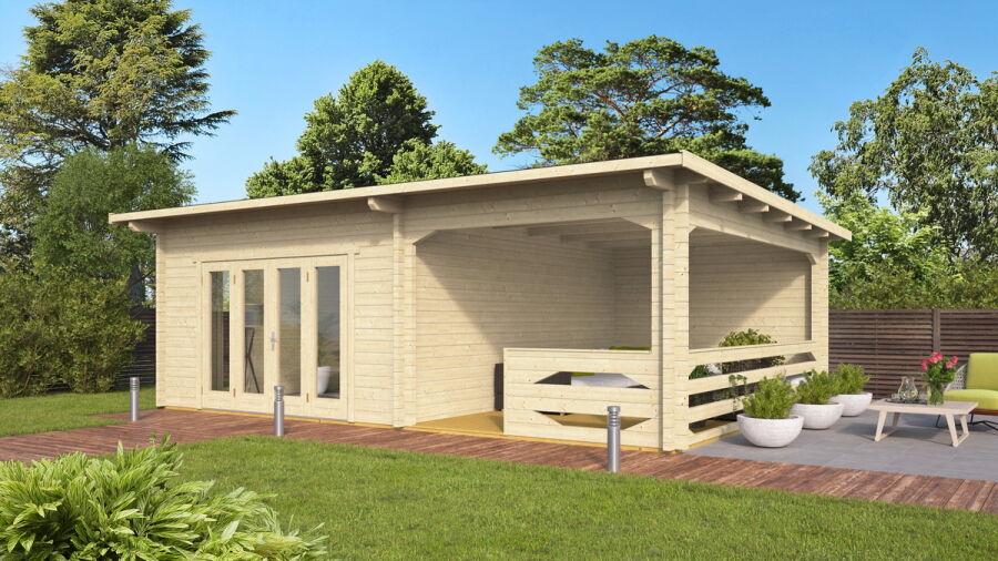 Gartenhaus Christina 4x5 m + 3 m Schleppdach mit Geländer / 45mm