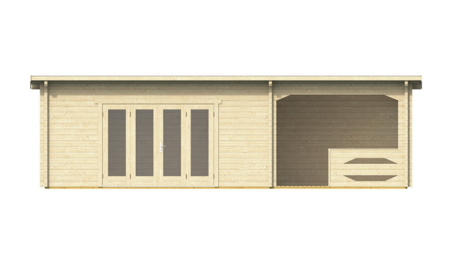 Gartenhaus Christina 5x4 m + 3 m Schleppdach mit Geländer / 45mm