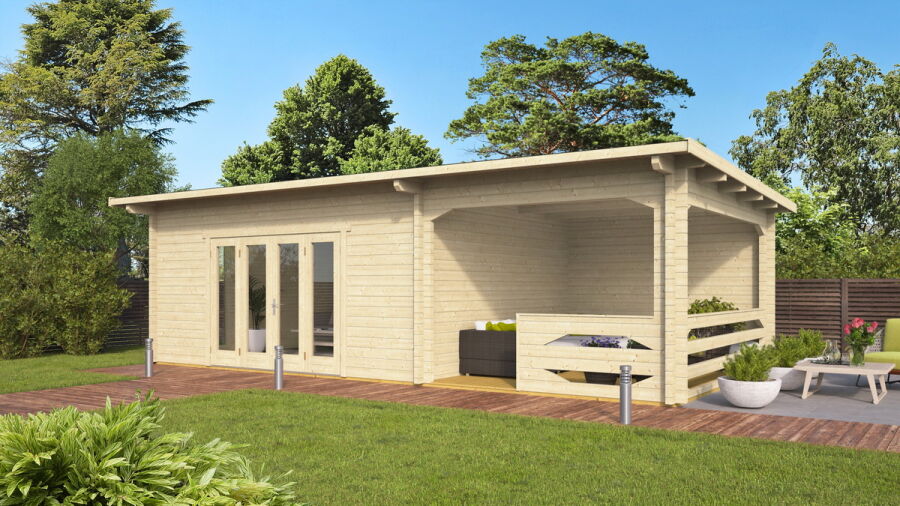 Gartenhaus Christina 5x4 m + 3 m Schleppdach mit Geländer / 70mm