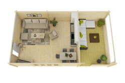 Gartenhaus Christina 6x5 m + 3 m Schleppdach mit Geländer / 70mm