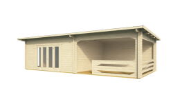 Gartenhaus Christina 5x4 m + 4 m Schleppdach mit Geländer / 45mm