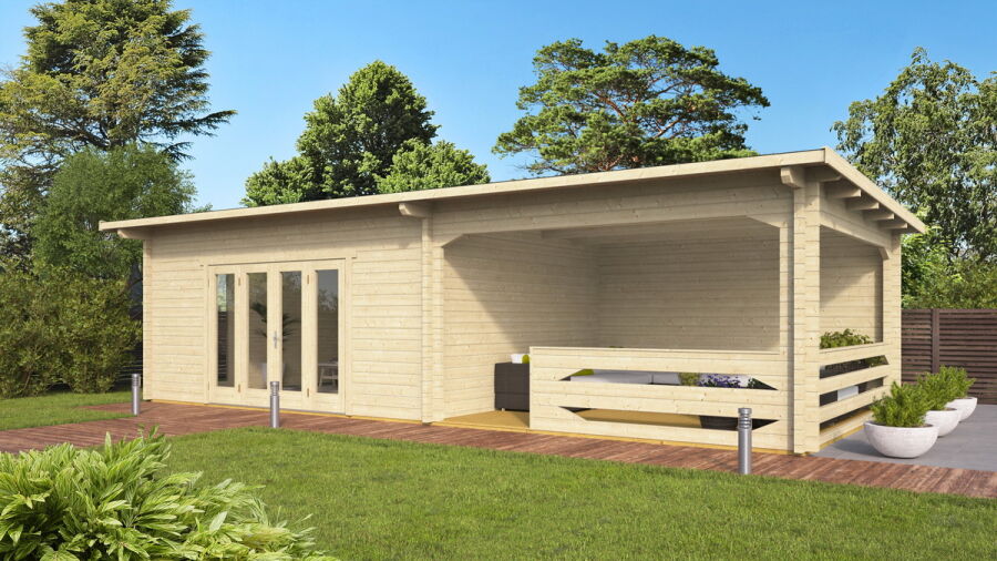 Gartenhaus Christina 5x4 m + 4 m Schleppdach mit Geländer / 70mm