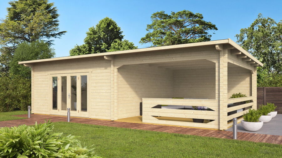 Gartenhaus Christina 5x5 m + 4 m Schleppdach mit Geländer / 45mm