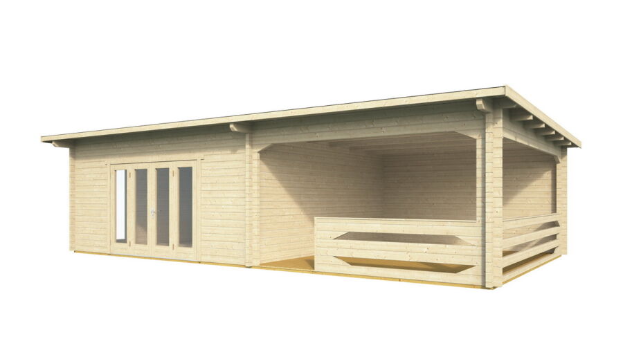 Gartenhaus Christina 5x5 m + 4 m Schleppdach mit Geländer / 45mm