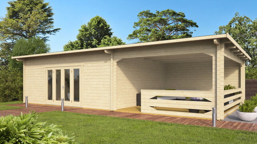 Gartenhaus Christina 6x5 m + 4 m Schleppdach mit Geländer / 45mm
