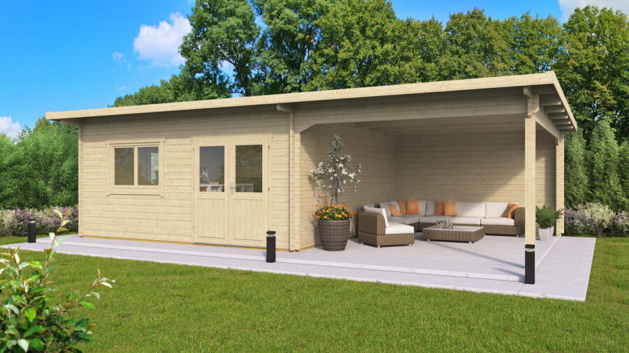Gartenhaus Celina 5x4 m + 3 m Schleppdach / 70mm