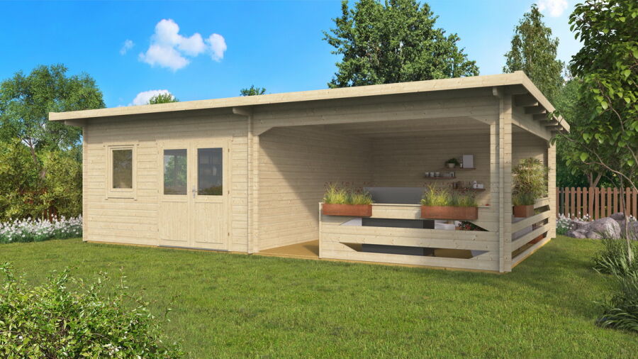 Gartenhaus Chiara 4x5 m + 4 m Schleppdach mit Geländer / 70mm